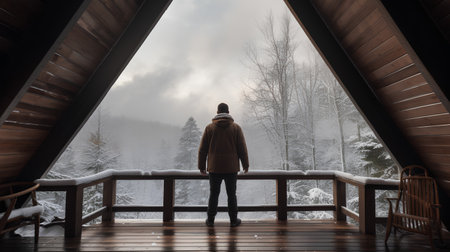 Man standing in front of a wooden cabin in the mountains. Winter landscapeの素材