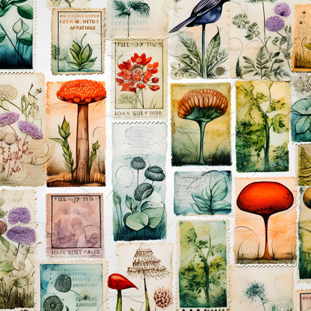 Seamless pattern of old postcards with different plants and flowersの素材
