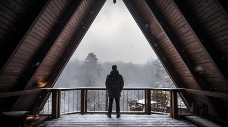 Man standing on the balcony of a wooden house in the winter forestの素材