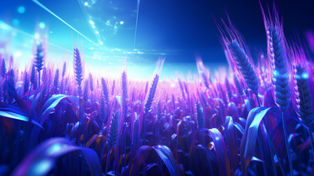 3D render of a wheat field with blue lights in the backgroundの素材