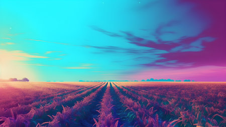 Sunset over cereal field. 3D render. Vintage style.の素材
