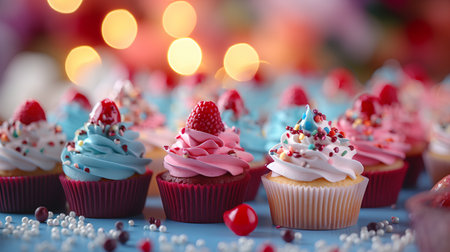 Cupcakes with cream and berries on a background of blurred lightsの素材