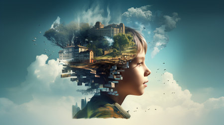 Double exposure of human head and cityscape. Elements of this image are furnished by NASAの素材