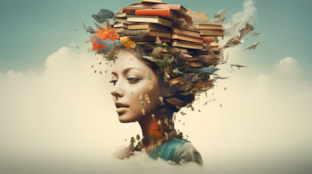 Girl with pile of books and butterflies on her head. Mixed mediaの素材