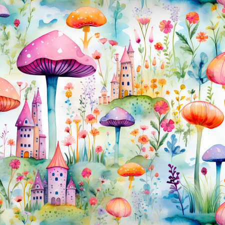 Seamless pattern with cute watercolor fantasy castles and mushrooms.の素材