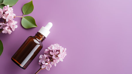 Essential oil in a glass bottle with lilac flowers on a purple background.の素材