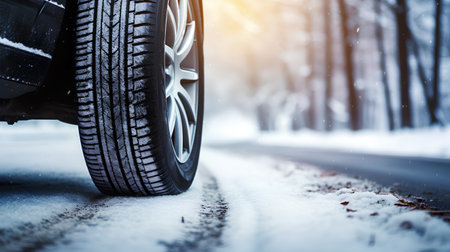 Winter tires on the road in the winter forest. Winter tires.の素材