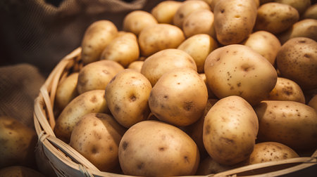 Potatoes in a basket on the table. Selective focus. Toned.の素材
