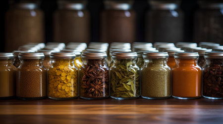 Assortment of spices in glass jars on wooden table. Selective focus.の素材