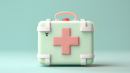 First aid kit isolated on blue background. 3d render illustration.の素材
