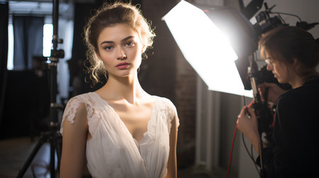 Portrait of a beautiful girl in a photo studio with professional equipmentの素材