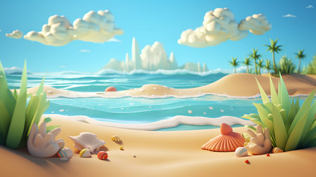 Seaside landscape with sand, seashells, seaweed, palm trees. 3d renderの素材