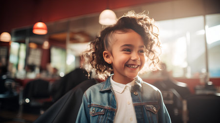 Cute little girl with curly hair in a denim jacket is sitting in a cafe.の素材
