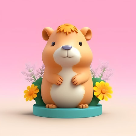 cute hamster with flower in the garden - 3d illustrationの素材