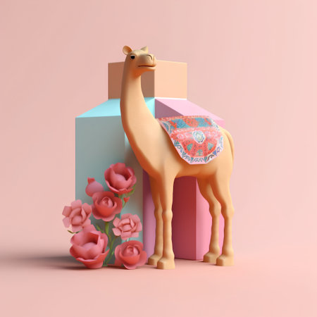 3d rendering of a cute camel with flowers on a pink backgroundの素材