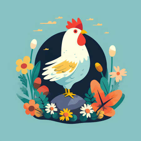 Cute rooster with flowers. Vector illustration in flat style.の素材