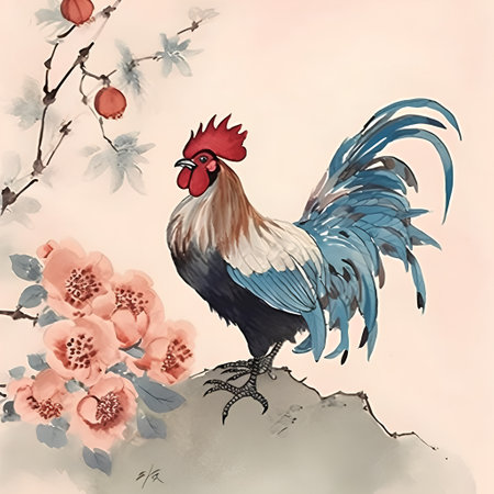 Illustration of a rooster on a rock with flowers in the backgroundの素材