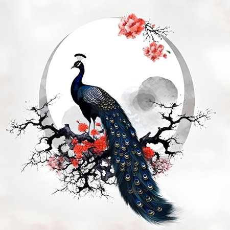 Peacock and cherry blossom on white background. Chinese paintingの素材