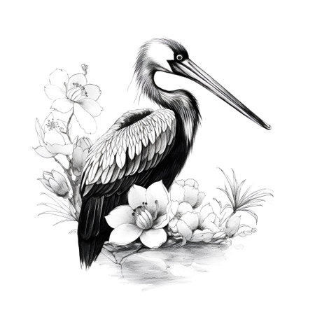 Pelican with flowers. Hand drawn vector illustration on white backgroundの素材