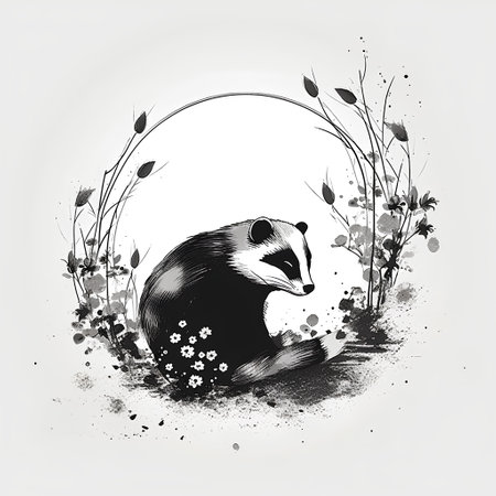 Hand drawn vector illustration of a badger in a circle of flowers.の素材