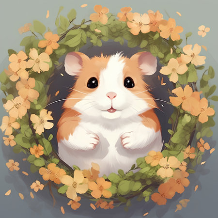 Cute hamster in a wreath of flowers. Vector illustration.の素材