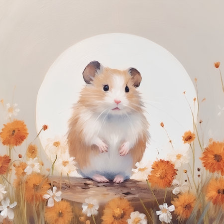 Hamster on the background of the sun and flowers. Illustrationの素材