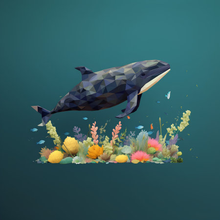 Cute polygonal whale in the ocean. Vector illustration.の素材