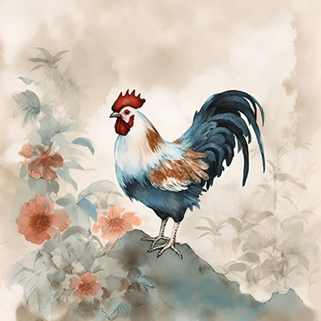 Watercolor painting of rooster and flowers. Hand drawn illustration.の素材