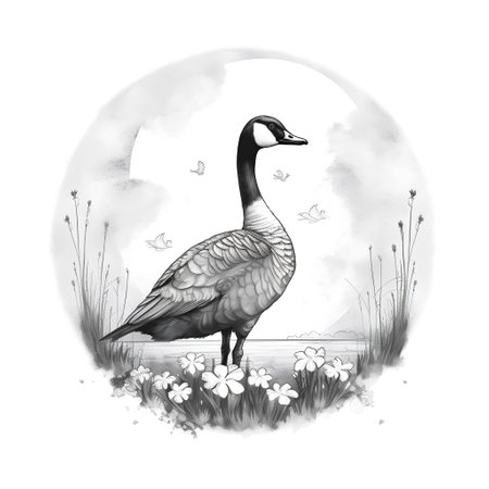 Watercolor illustration of a goose on a meadow with flowers.の素材