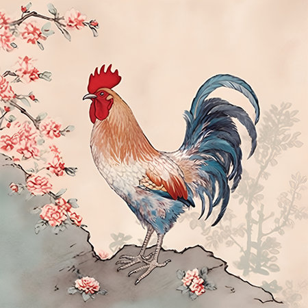 Painting of a rooster on a background of flowering branches.の素材