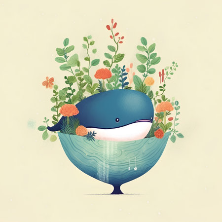 Cute cartoon whale in a bowl with flowers. Vector illustration.の素材