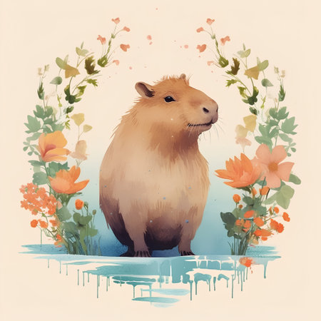 Cute guinea pig with flowers. Watercolor illustration, vectorの素材