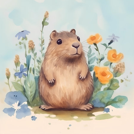 Cute hamster with flowers. Watercolor hand drawn illustration.の素材