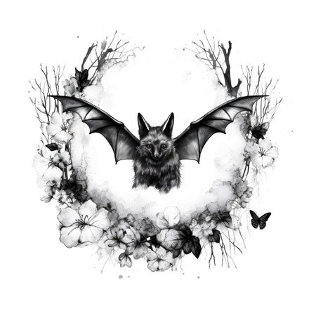 Halloween bat with floral wreath. Hand-drawn illustration.の素材