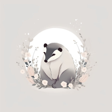 Cute cartoon badger with flowers and moon. Vector illustration.の素材