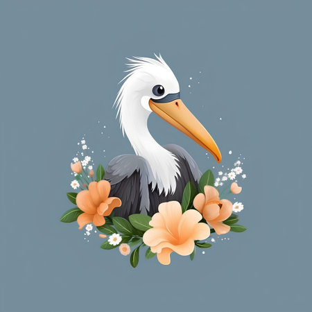 Cute stork with flowers on blue background. Vector illustration.の素材