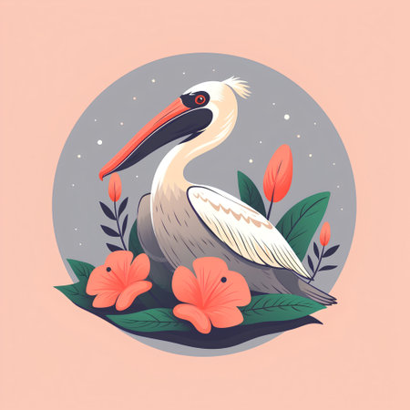 Pelican bird with flowers. Vector illustration in cartoon style.の素材