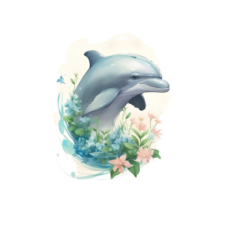 Watercolor illustration of a dolphin and flowers on a white background.の素材