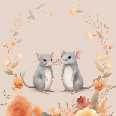 Two cute gray rats in a floral frame on a beige backgroundの素材