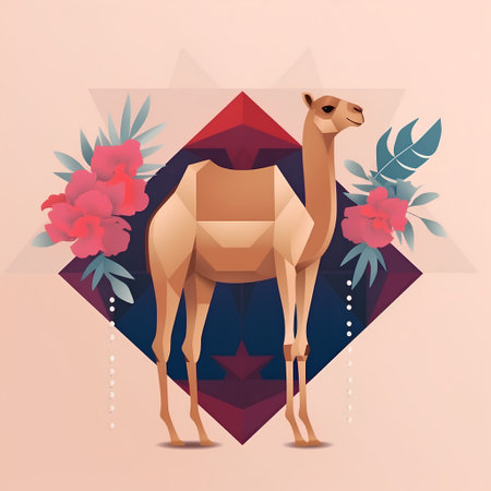 Camel in the desert with flowers. Vector illustration in flat styleの素材