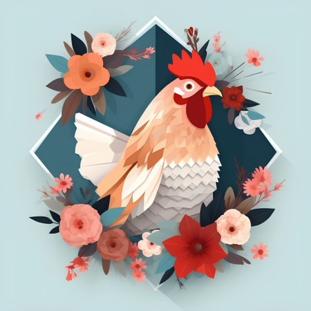 Vector illustration of a rooster with flowers and leaves in a frameの素材