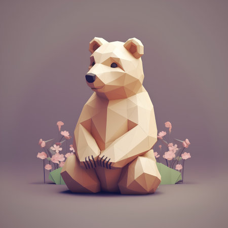 Low poly bear sitting on the ground with flowers. 3d renderingの素材