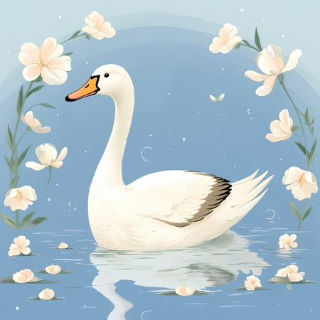 Swan on the water with flowers. Vector illustration in retro style.の素材