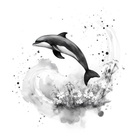 Watercolor illustration of a killer whale in the ocean on a white backgroundの素材