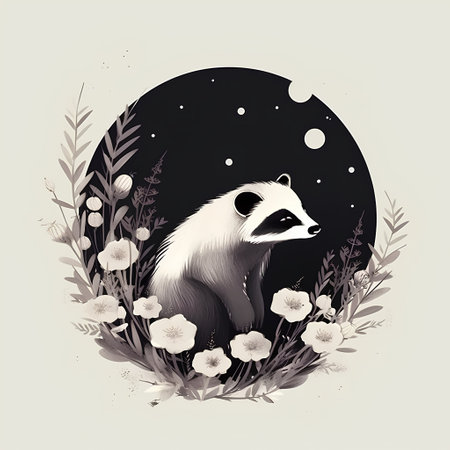 Cute raccoon with flowers, leaves and moon. Hand drawn vector illustration.の素材