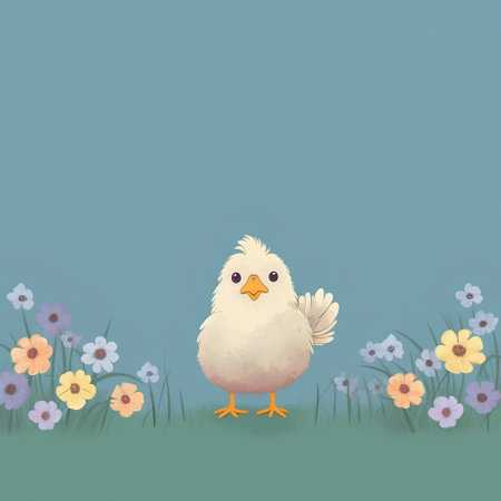 Cute cartoon chicken in the meadow with flowers. Vector illustrationの素材