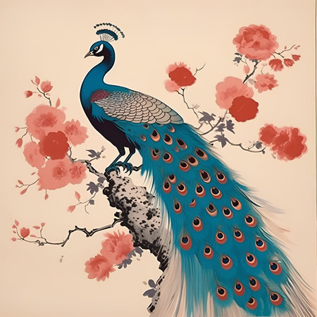 Peacock on a branch with flowers in the style of Chinese paintingの素材