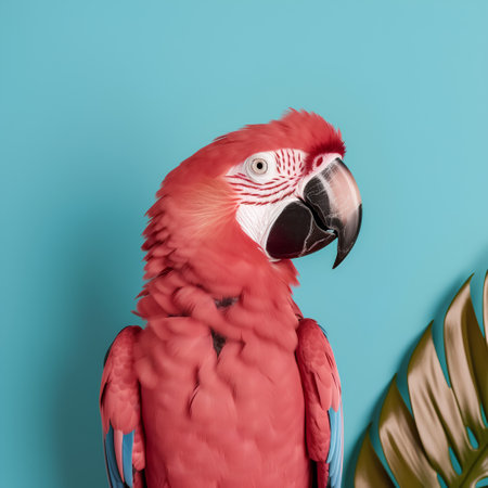 Red macaw parrot with palm leaf on blue background. Minimal concept.の素材