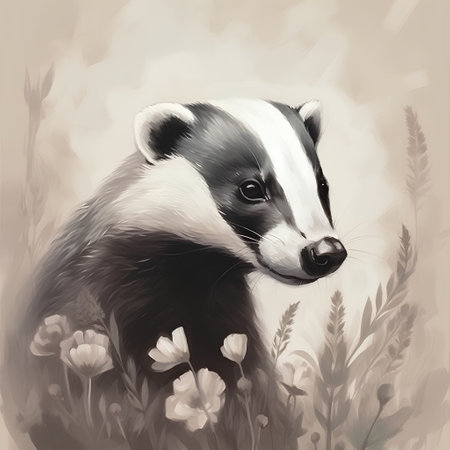 Vector illustration of a cute badger with flowers on a light background.の素材