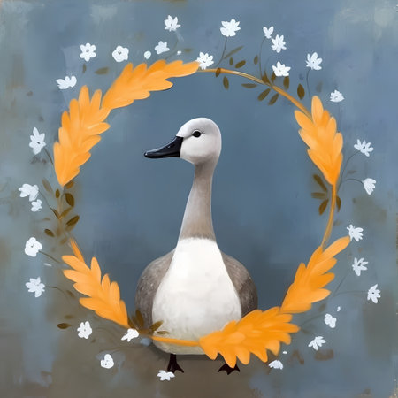 Duck in a wreath of flowers on a blue background.の素材